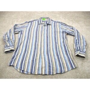 Luciano Barbera Shirt Mens 2XL XXL White Blue Linen Cotton Blend Button Up Italy